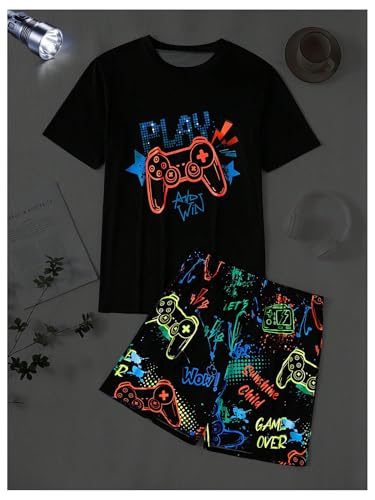 Image of Verdusa Men's Pajamas Set 2 Piece Pjs Sets Short Sleeve Letter Print Tee and Short Lounge Set