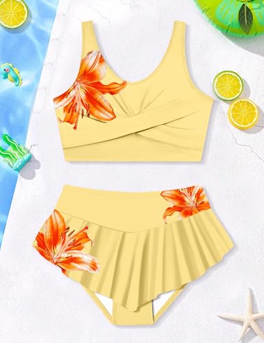 Image of Qaoerde Girls Swimsuit Tropical Print Bikini Set with Ruffle Hem Two Piece Criss Cross Bathing Suits for Girls 7-16 Years
