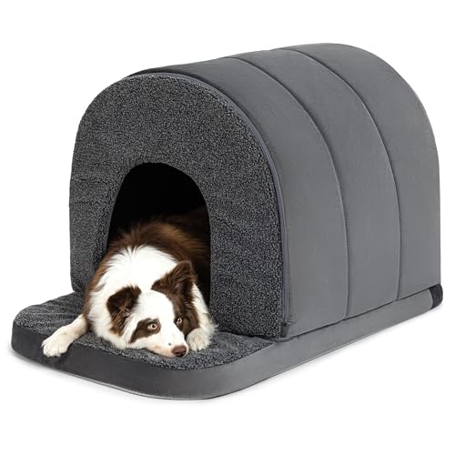 PELZIN Orthopedic Dog Bed House - Indoor Dog Tent with Washable Removable Cover - Pet Bed with Cover Cave - Nonskid Bottom Ideal for Large Breeds & Fits 36-Inch Crate - 35x22 Charcoal