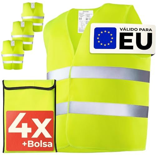 Conjunto de 4 colete refletor homologado com saco, certificado EN ISO 20471, válido em toda a Europa, ideal para automóveis, construção, tamanho único, amarelo