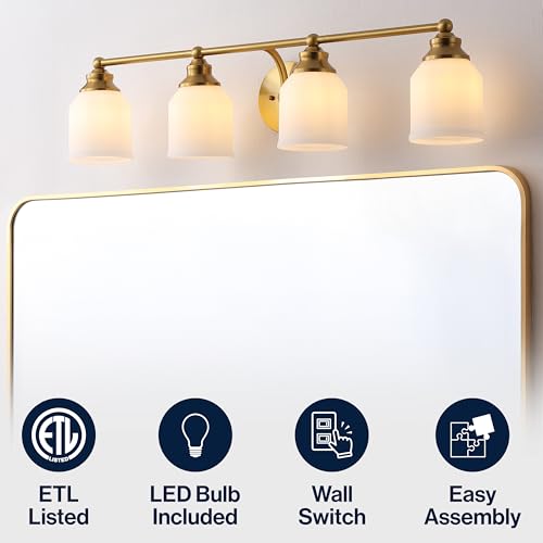 Image of JONATHAN Y 33.25 inch Brass Gold /White Modern Farmhouse LED Vanity Light Wall Sconce Fixture, Frosted White Glass Shade, Dimmable Wall Lamp for Bathroom Mirror Kitchen Sink, UL Listed (JYL7552B)