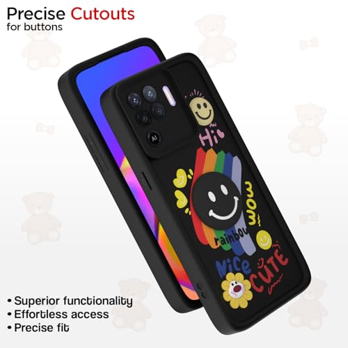 Image of Pikkme Back Cover for Oppo F19 Pro | Soft Silicone| Cute Rainbow Smile & 3D Cartoon Flower Design | Shockproof Raised Camera Protection Bumper Case (Black)