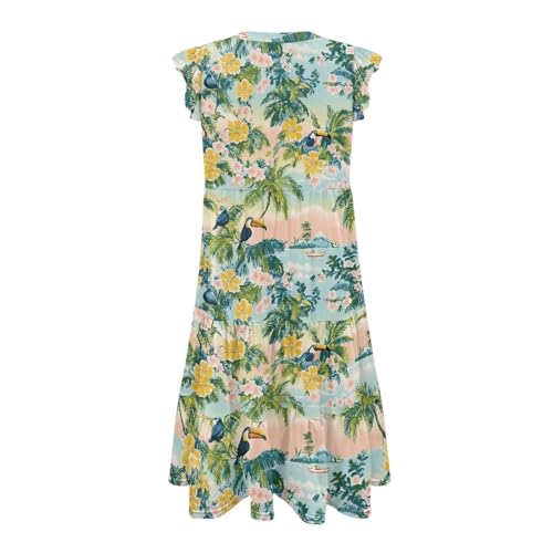 Image of Womens Summer Dress Ruffle Sleeve V Neck Dress Casual Fit Flowy Beach Vacation Sundress with Pocket S-2XL
