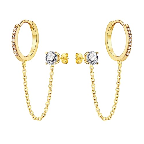 Image of Chain Earrings for Women - 925 Sterling Silver Hoop Double Piercing Gold Huggie Hoop Earrings Set with Cubic Zirconia Stud Tassel Drop Link Cuff Cartilage Helix Earring for Teen Girls Jewellery Gift