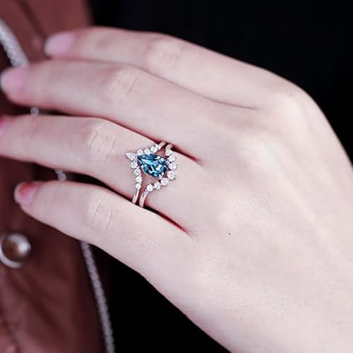 Bridal Wedding Rings Set for Women 1.50CT Natural London Blue Topaz Art Deco 925 Sterling Silver Engagement Promise Ring for Her Size 4-93