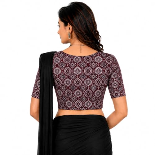 Image of Mogsa Women's Kalamkari Print Cotton Stretchable V-Neck Readymade Saree Blouse | Soft Cotton Blend | Stretch Fabric | Ready-to-Wear