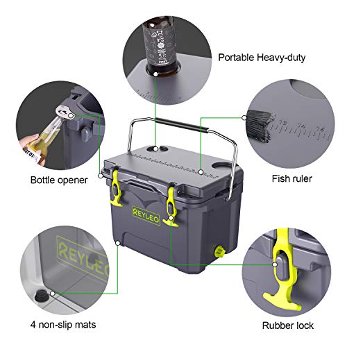 REYLEO Ice Chest | Portable Rotomolded Arctic Cooler Keeps Ice Up to 3 Days | Bear-Resistant 21-Quart Cooler (Built-in Bottle Opener, Cup Holder, Fish Ruler) for Camping, BBQs, Tailgating, Fishing