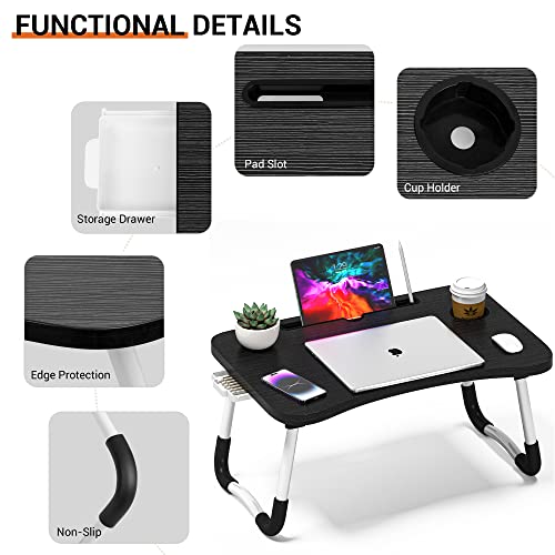 Decosis Laptop Bed Desk, Lap Bed Table With Storage Drawer & Cup Holder & Tablet Stand, Foldable Breakfast Tray Portable Lap Standing Desk For Reading Writing, Suitable For Bed, Sofa & Floor Black #TOP1