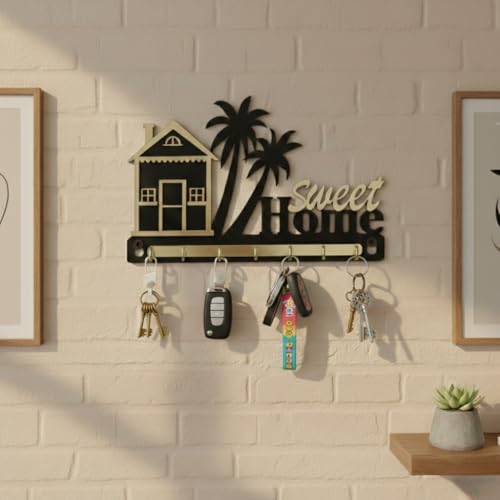 Image of Wooden Key Holder for Wall | Sweet Home Decorative Wall Key Organizer with 7 Stainless Steel Hooks | Premium Home Decor Key Stand for Entrance, Living Room & Office