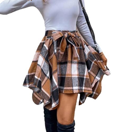 Plaid Asymmetrical Hem Mini Skirts for Women Fall Winter Fashion Warm High Waist Tie Front Retro Grunge Skirts