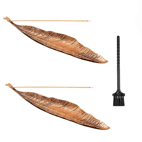 ikBrtaiay 2 Pièces de Bronze Porte-Encens Feuilles de Métal, Brosse Incluse Support Encens d’Encens Métallique Brûleur d’Encens en Feuille pour Maison Bureau Yoga Méditation