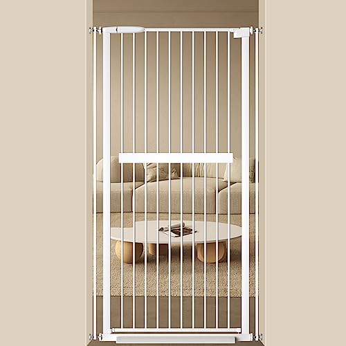 Image of WAOWAO 61.02" Extra Tall Cat Pet Gate 30.31-33.26" Wide Pressure Mounted Walk Through Double Lock Swing Auto Close Safety White Metal Toddler Child Dog Pet Puppy Cat for Indoor Stairs,Doorways