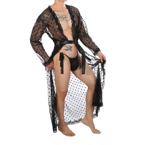 Men's Polka Spoint Sheer Lace Robe Lingerie Sexy See Through Mesh Sissy Nightwear Gay Nightgown Party Clothes