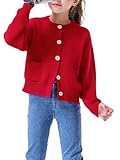 Hvididan Red Sweater for Girls, Size 7-8 Uniform Cardigan Sweater for Kids, Solid Tops with Pockets