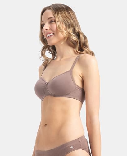 Image of Jockey 1723 Women's Wirefree Padded Super Combed Cotton Elastane Stretch Medium Coverage T-Shirt Bra with Lace Styling Deep Taupe 34D