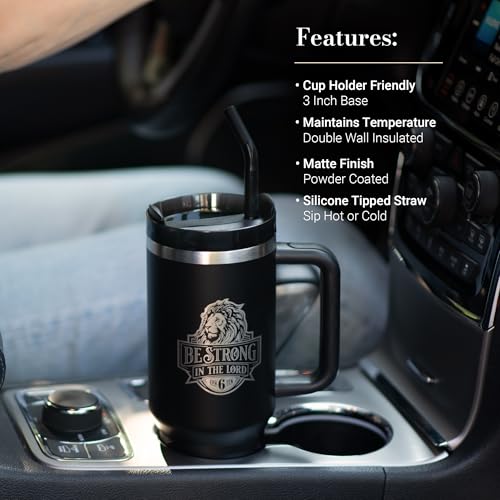 Image of Christian Art Gifts Extra Large Stainless Steel Double Wall Vacuum Insulated Travel Tumbler for Men & Women: Be Strong Scripture, Silver Laser Engraved Lion, Lid, Straw, Wide Handle, Black, 40 oz.