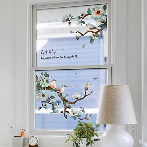 X-Xdaonl CHERRY BLOSSOM BRANCHES WINDOW CLINGS001 Birds On Cherry Blossom Branches Window Clings, Removable Green Leaf Window Stickers thumb #4
