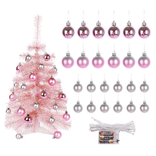 QYLJZB Tabletop Christmas Tree,Artificial Christmas Pine Tree with LED Light and 24 Balls Ornaments,Pre-lit Pink Small Xma Tree for DIY Room Party Xmas Decoration