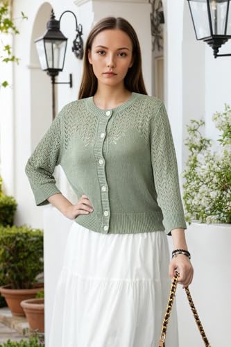 Image of Women's Lightweight Crochet Cardigan Sweater Open Front Knit Lace-Up Cover Up Casual Spring Fall Chic Outerwear Tops 23 Green M