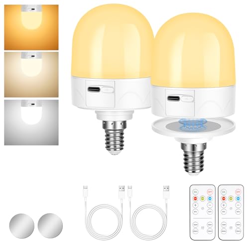AUAUY Bombilla Recargable E14 3 W, Base Magnética Desmontable, 3 Colores de Temperatura Regulables Temporizadores, con Control Remoto para Dormitorio Camping (Paquete 2)