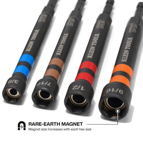 Image of Klein Tools 32940 SAE Magnetic Hollow Impact Nut Drivers Set, 6-Piece Color Coded Hollow Power Nut Driver with Extended Reach, 6 SAE Sizes