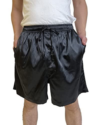 Men Silky Satin Boxers Shorts Pajama Shorts Button Fly Loose Underwear Drawstring Sleepwear Boxers with 2 Side Pockets3