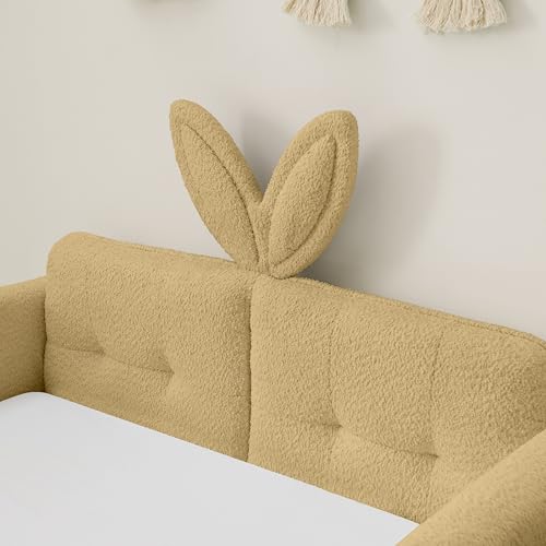 Image of KEIKI Twin Size Upholstered Platform Bed Frame with Guardrail, Slat, Yellow | Boucle Platform Bed with Cute Rabbit Ear Shaped Headboard, Pocket, for Boys and Girls, No Box Spring Required, Easy Assembly