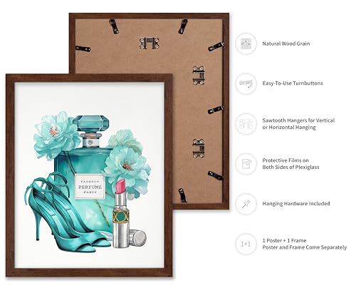 Image of Poster Master Turquoise Blue Designer Print - Fashion Poster - Shoes, Lipstick & Perfume Art - Chic Gift for Women & Fashionista - Glam Decor for Bedroom or Girl's Room - 8x10 Brown Framed