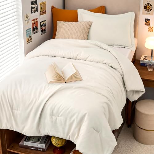 Image of MUXHOMO Twin /Twin XL Comforter Set, All Season Ultra Soft Down Alternative Bedding - 2 Piece Lightweight Bed Set Includes 1 Comforter (68 inchx88 inch) and 1 Pillow Shams (20 inchx26 inch), Ivory