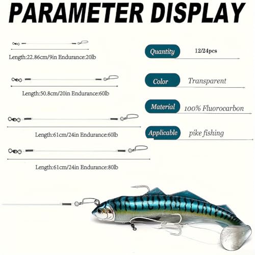 Fluorocarbon líder para pesca con grillete y snaps, 20-80 lb, 6-24 pulgadas miniatura 3
