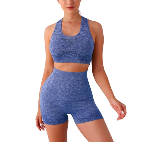 Havejoy Conjunto Deportivo Mujer Fitness Verano Moda Chandal Dos Piezas Crop Top Y Short Leggings Cintura Alta Push Up Traje de Gimnasia Ropa Malla para Running Yoga Pilates Danza Sportwear Tracksuit