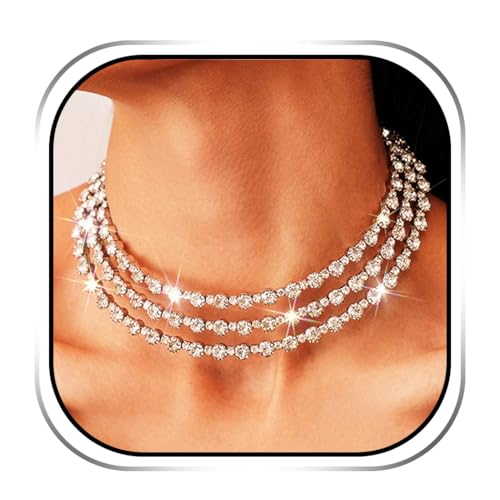 JEAIRTS Multi-Layer Rhinestone Choker Necklace Sparkly Elegant Party Prom Jewelry for Women