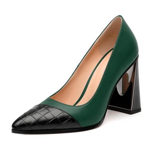 Women's High Heel Pumps, Pointed Toe Chunky Heel for Women, Leather Insole Upper Splicing Dressy 3.5