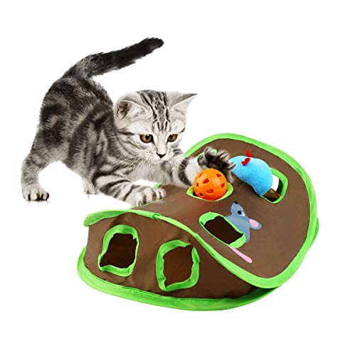 Citmage Cat Mice Toy Pop-up Flexible Intelligence Play Toys Hide and Seek Game 9 Holes Interactive Tent Mouse Hunt Activity with Ball,Mouse for Cats,Kitties (Brown-Green) - Thumbnail 6
