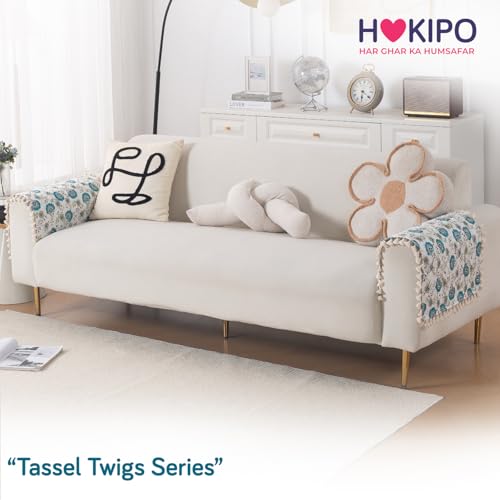 Image of HOKIPO Cerulean Bloom Quilted Sofa Armrest Cover Mat - 1 Pair | 'Tassel Twigs' Series (IN-987-T6*2)