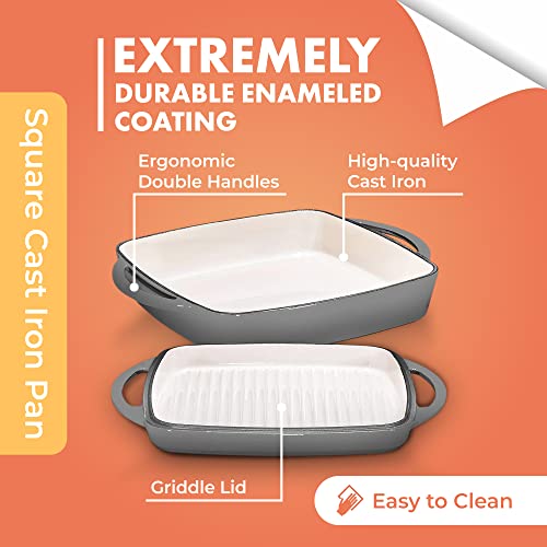 Bruntmor 2-In-1 Square Enamel Cast Iron Dutch Oven Baking Pan With Handles | Grey Baking Pans Set With Cast Iron Skillet, Enamel All-In-One Cookware Set | Braising Pan For Casserole Dish With Lid. #TOP3