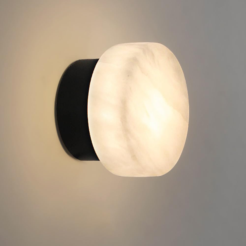 LDCBFTR 5W Alabaster Wall Sconce Lights Modern Natural Alabaster Sconces Lighting Spanish Marble Wall Lamp with Round 3000K LED Vanity Lights for Bedroom Bathroom Stairs Stone Indoor Lighting Fixture