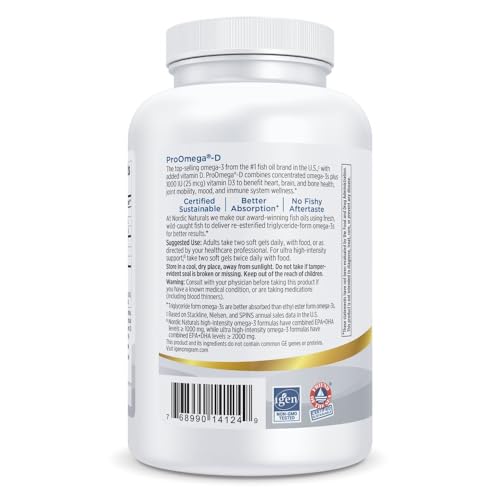 Image of Nordic Naturals ProOmega-D, Lemon Flavor - 180 Soft Gels - 1280 mg Omega-3 + 1000 IU D3 - High-Potency Fish Oil - EPA & DHA - Brain, Eye, Heart, & Immune Health - Non-GMO - 90 Servings