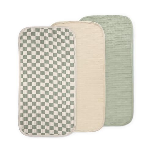 Image of mushie Water Repellent Changing Pad Liners | Cotton (Olive Check Combo) | 3 Pack, Water repellent, Machine washable, Fits in diaper bag