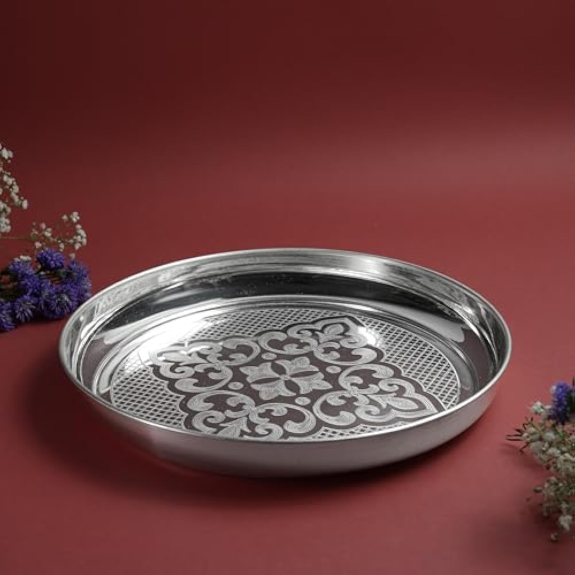 Silver Finish Etching Halwa Plate for Pooja & Serving