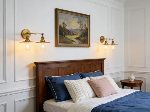 Image of Phansthy 2 Lights Wall Sconce Antique Finished Bathroom Vanity Light with Switch and Dual 7.87 Inches Flat Metal Lampshade (Antique)