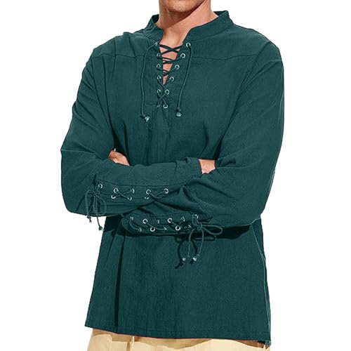 Camisa medieval para hombre Langram, camisa victoriana con volantes para hombre, cuello alto, camisa pirata steampunk con cordones, camisas vintage renacentistas, ropa vikinga, camisa de lino con
