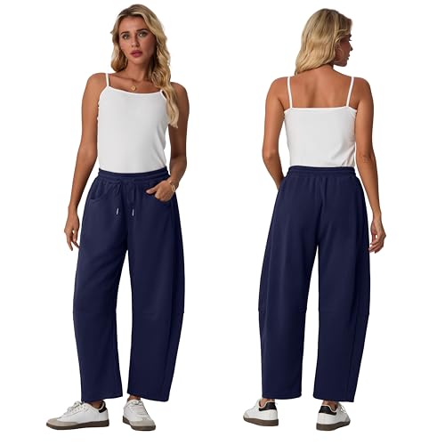 Lepunuo Barrel Sweatpants Women Casual Baggy Elastic Waisted Pants Wide Leg Gym Trousers with Pockets