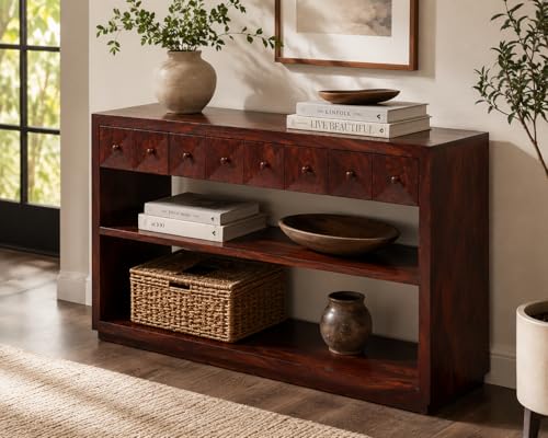 Image of Solid Sheesham Wood Console Table for Living Room | Wooden Side Entrance Fish Tank Table with 2 Shelves & 2 Drawers Storage | Rosewood Mahogany Finish