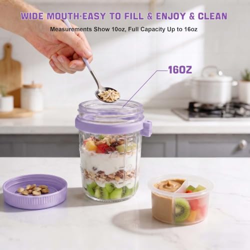 Image of 6 Pack Purple Overnight Oats Containers with Lids and Spoon - 16 oz Glass Mason Jars with Dressing Divider, Leakproof Chia Yogurt Parfait Cups for Oatmeal Cereal Meal Prep Sugar Packet Holders