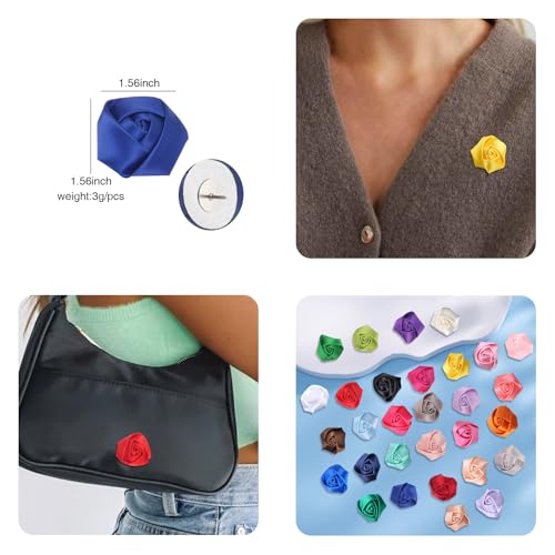 Image of 30 Pcs Elegant Rose Flower Men's Lapel Pins Handmade Satin Flower Boutonniere Brooch for Men Suit Wedding Party Groom Jewelry Accessories for Women Men
