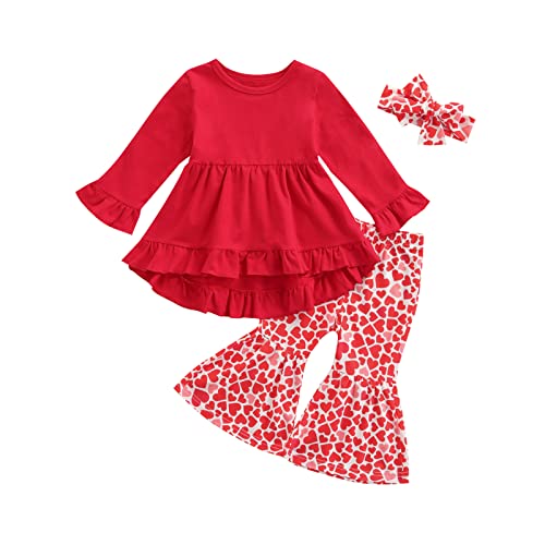 Toddler Baby Girl Valentine's Day Clothes Set Plaid Heart T-Shirts Tees Pullover Shirts Tops+Flare Pants Outfits Set (Red A, 1-2T)