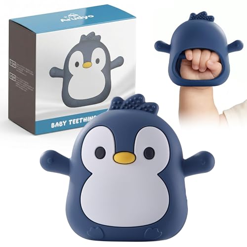 Image of Baby Teething Toys for 3-6 Months Silicone Teething Mittens for Babies Food Grade Silicone Teether (Penguin Black wthite)