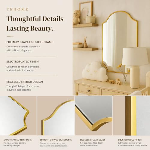 Image of TEHOME Scalloped Brushed Gold Bathroom Mirror, Brass 24x36'' Decorative Bathroom Vanity Mirror