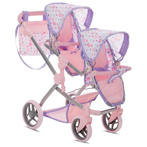 Dolls To Play Baby Doll Double Stroller, Twin Pink Pram Buggy Pretend Play for Girls, High...